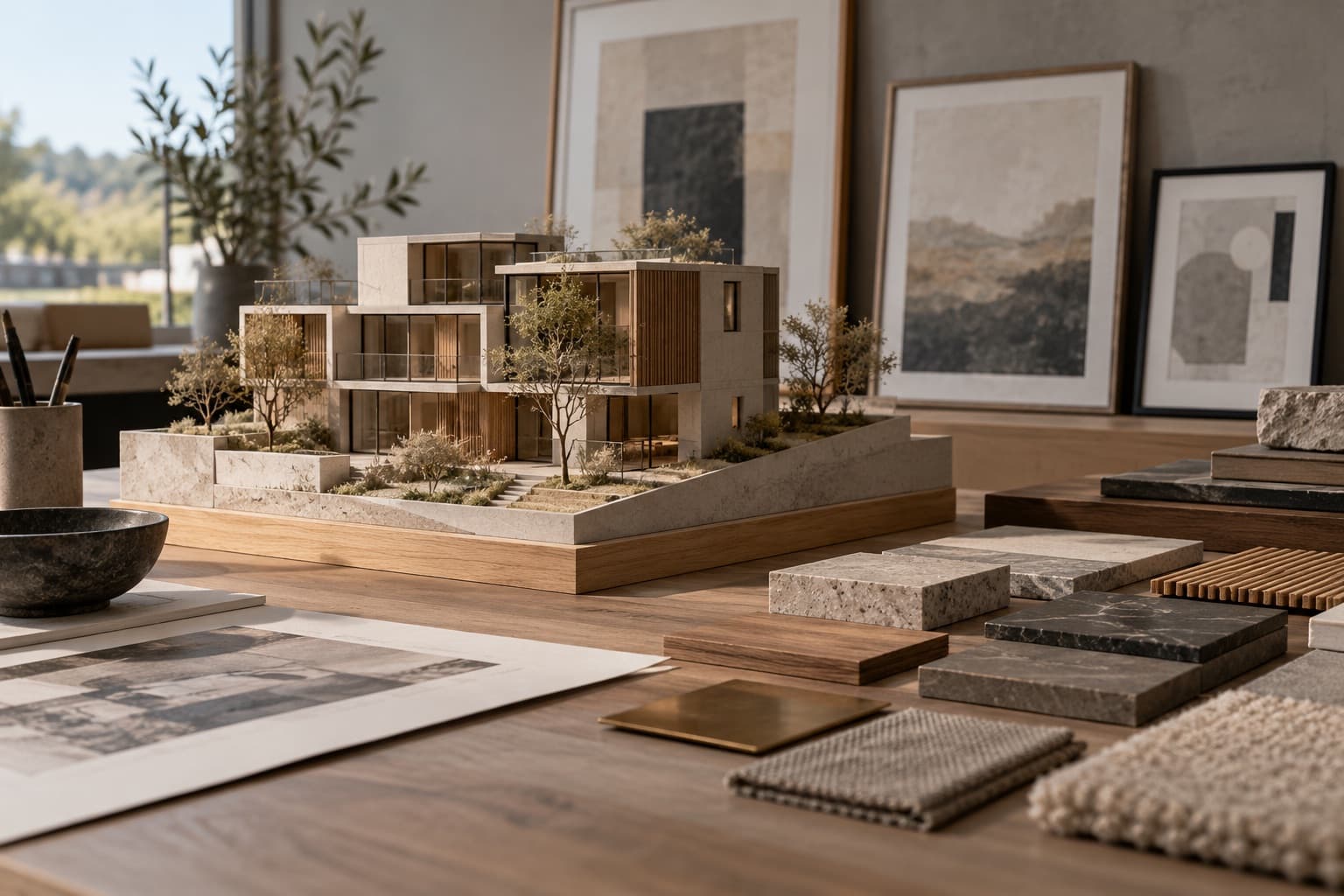 Building scale model beside small framed art studies and material samples