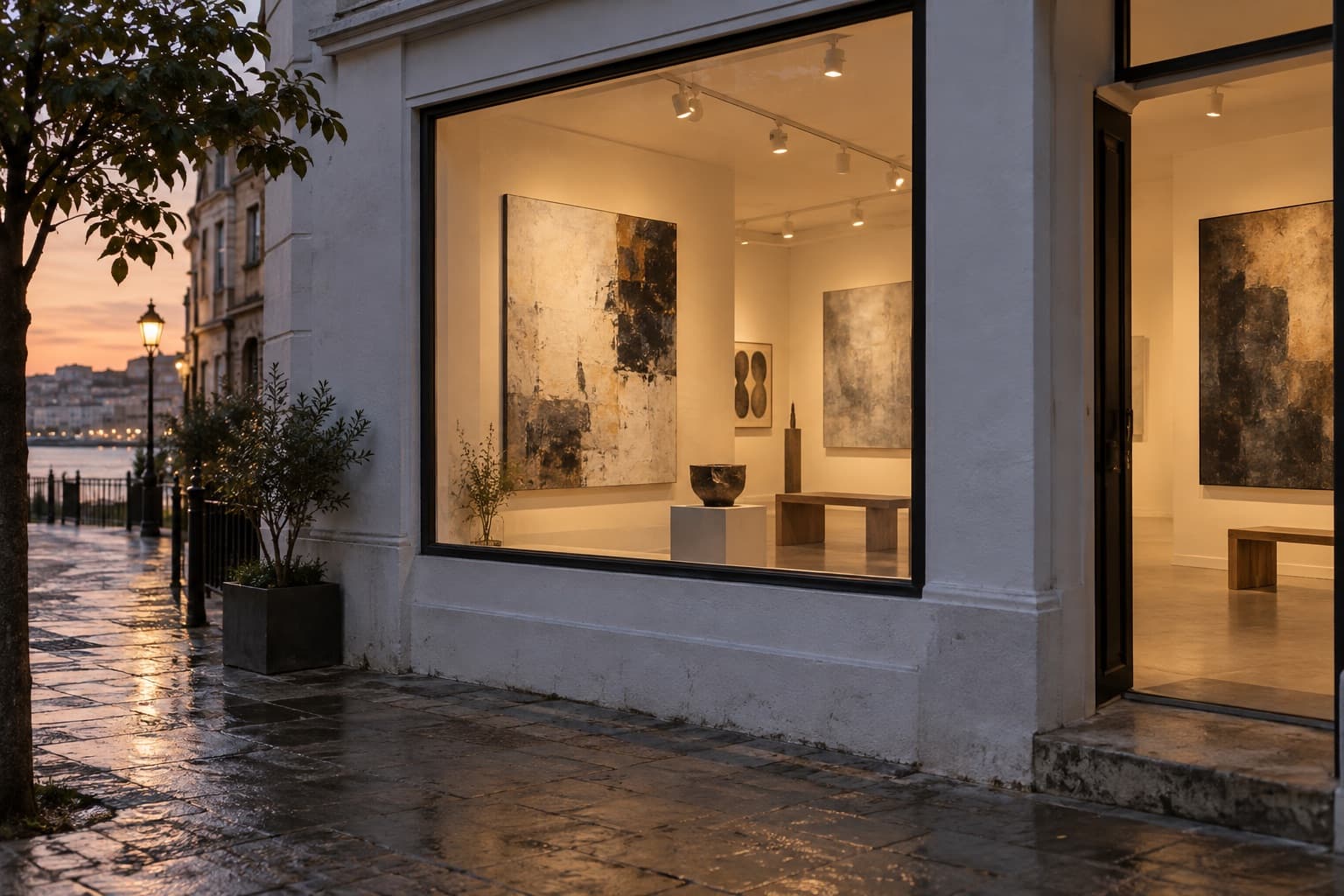 Gallery storefront at dusk with abstract canvases visible inside