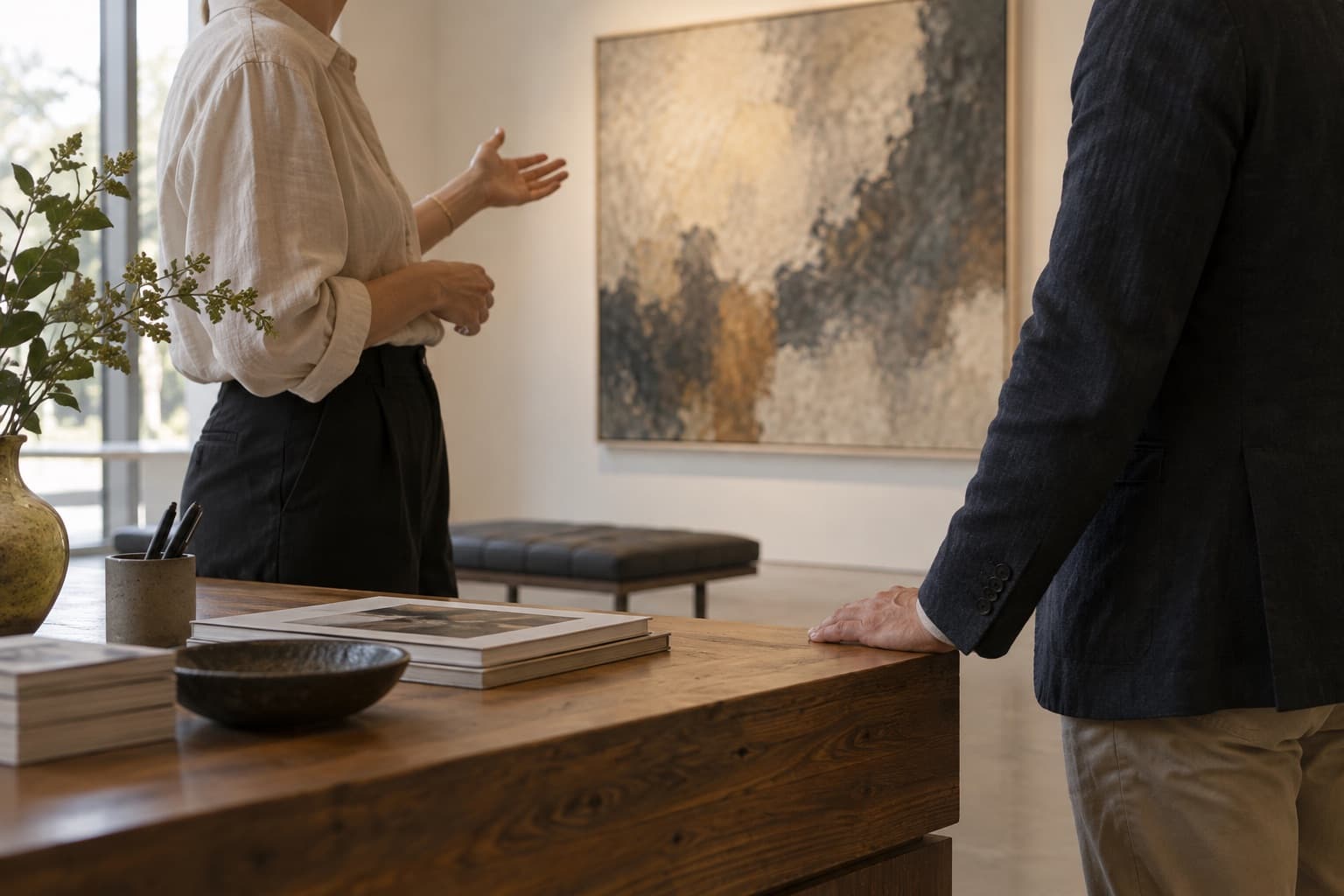 Collector and gallerist talking at a gallery desk beside a painting