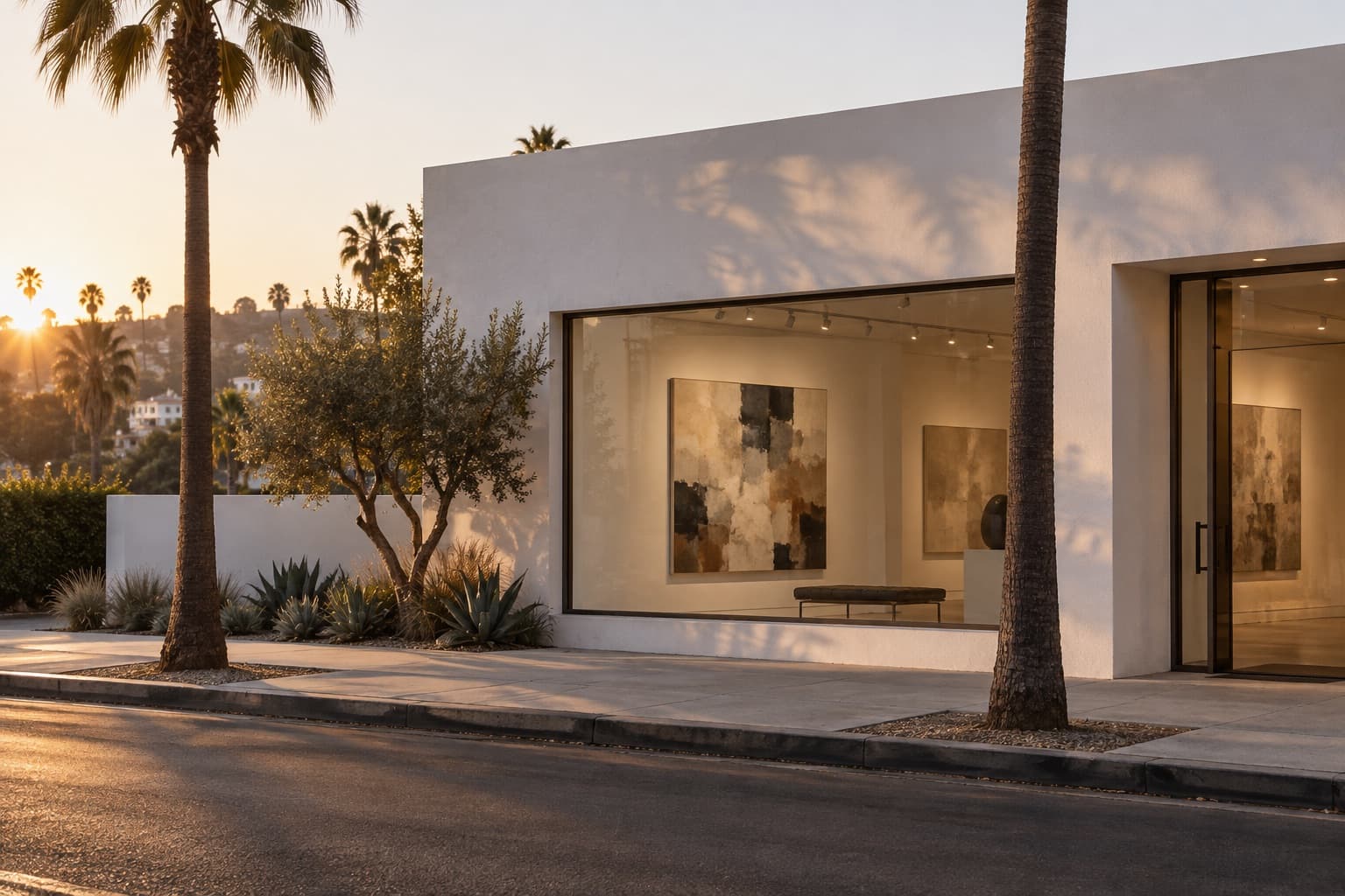 Gallery building with palm trees in warm Los Angeles evening light