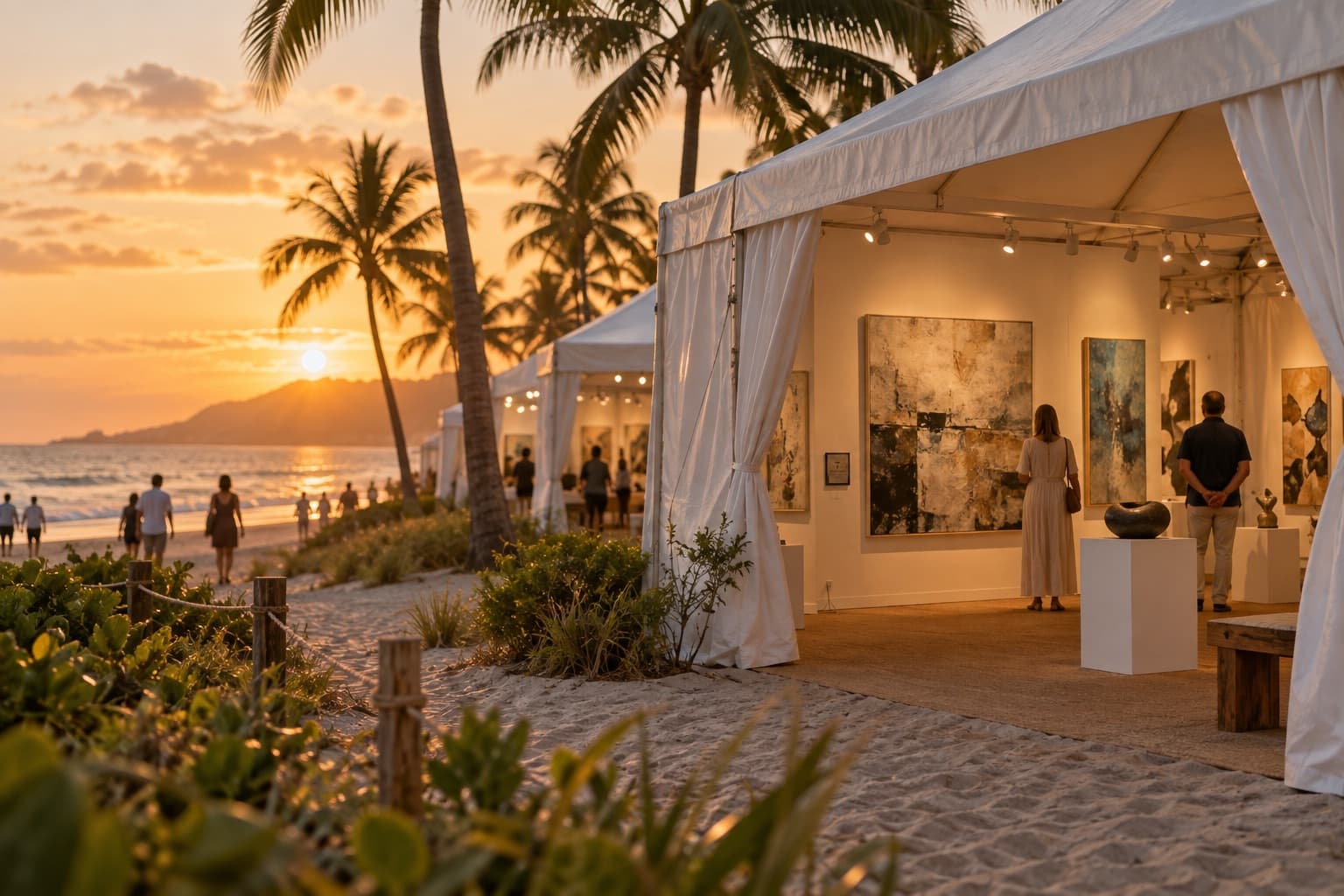 White art fair tent on a Miami beachfront at golden hour