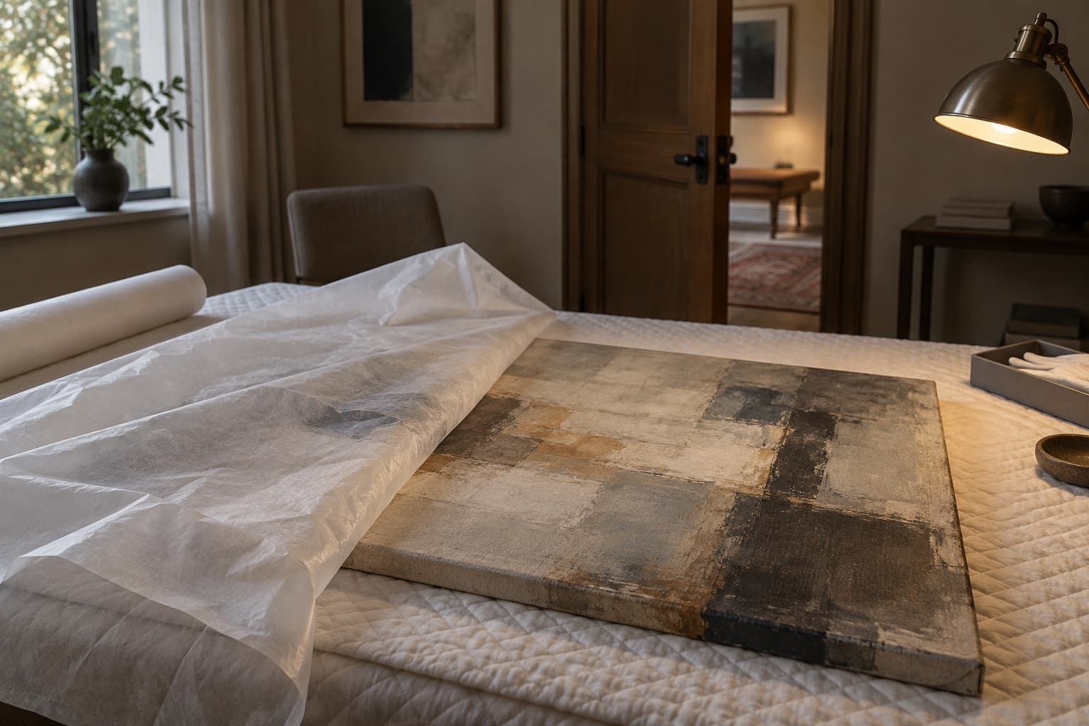 Painting half unwrapped on a padded table in a private viewing room