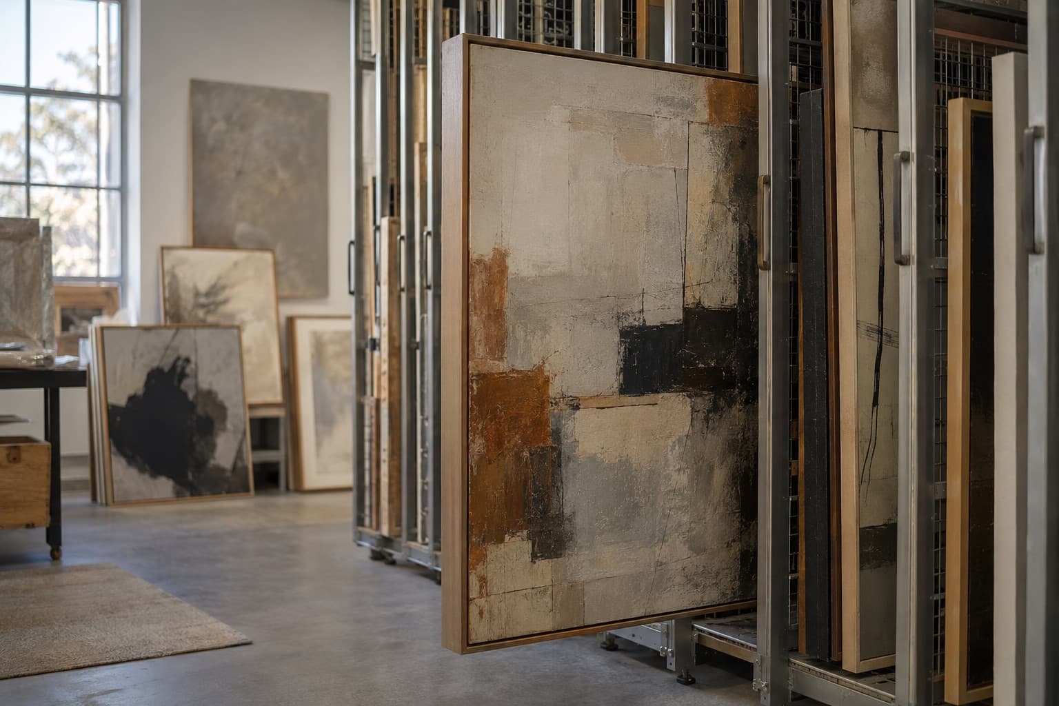 Framed paintings on a storage rack with one pulled halfway out