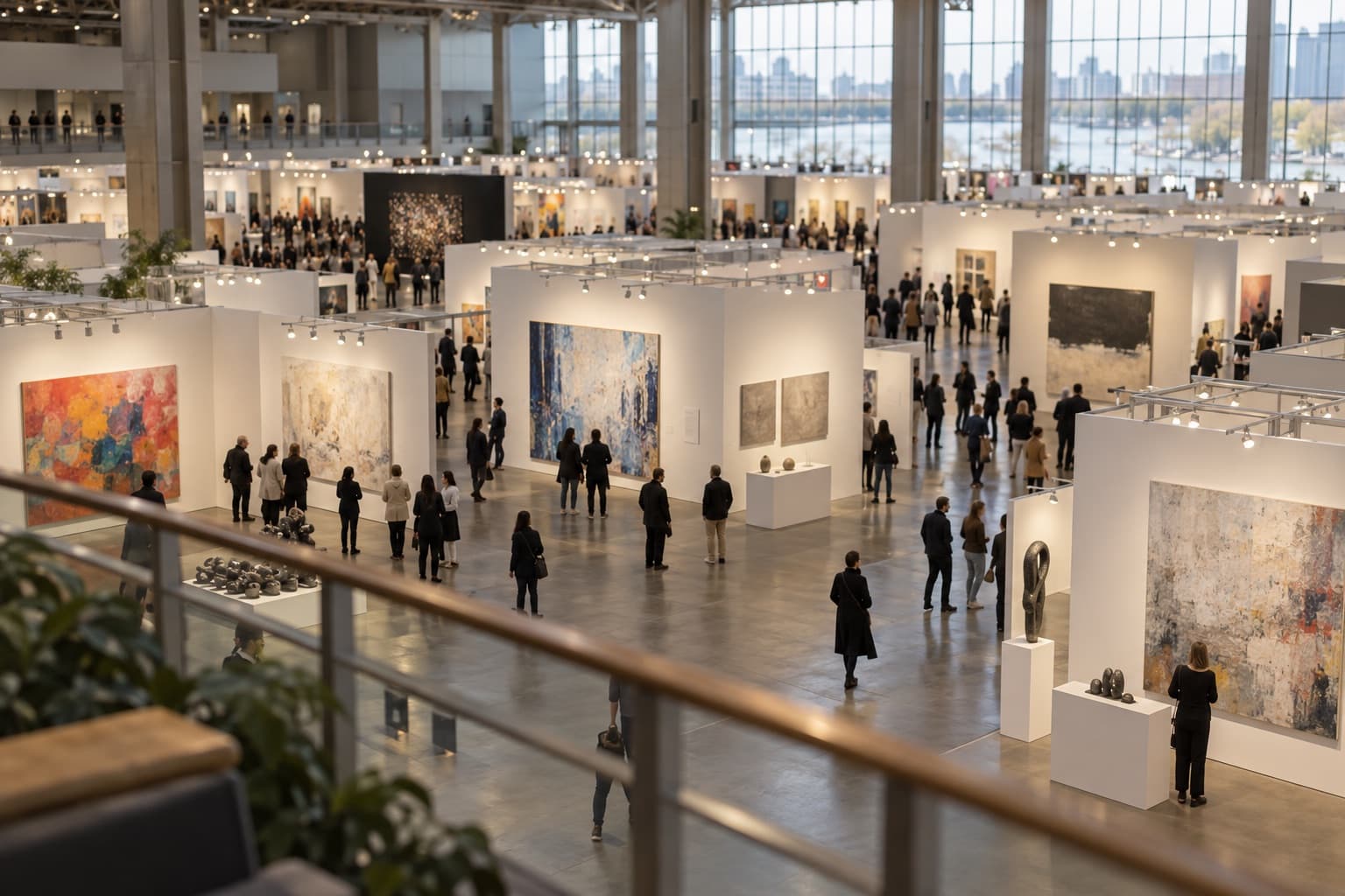 Art fair seen from above with a grid of white booths