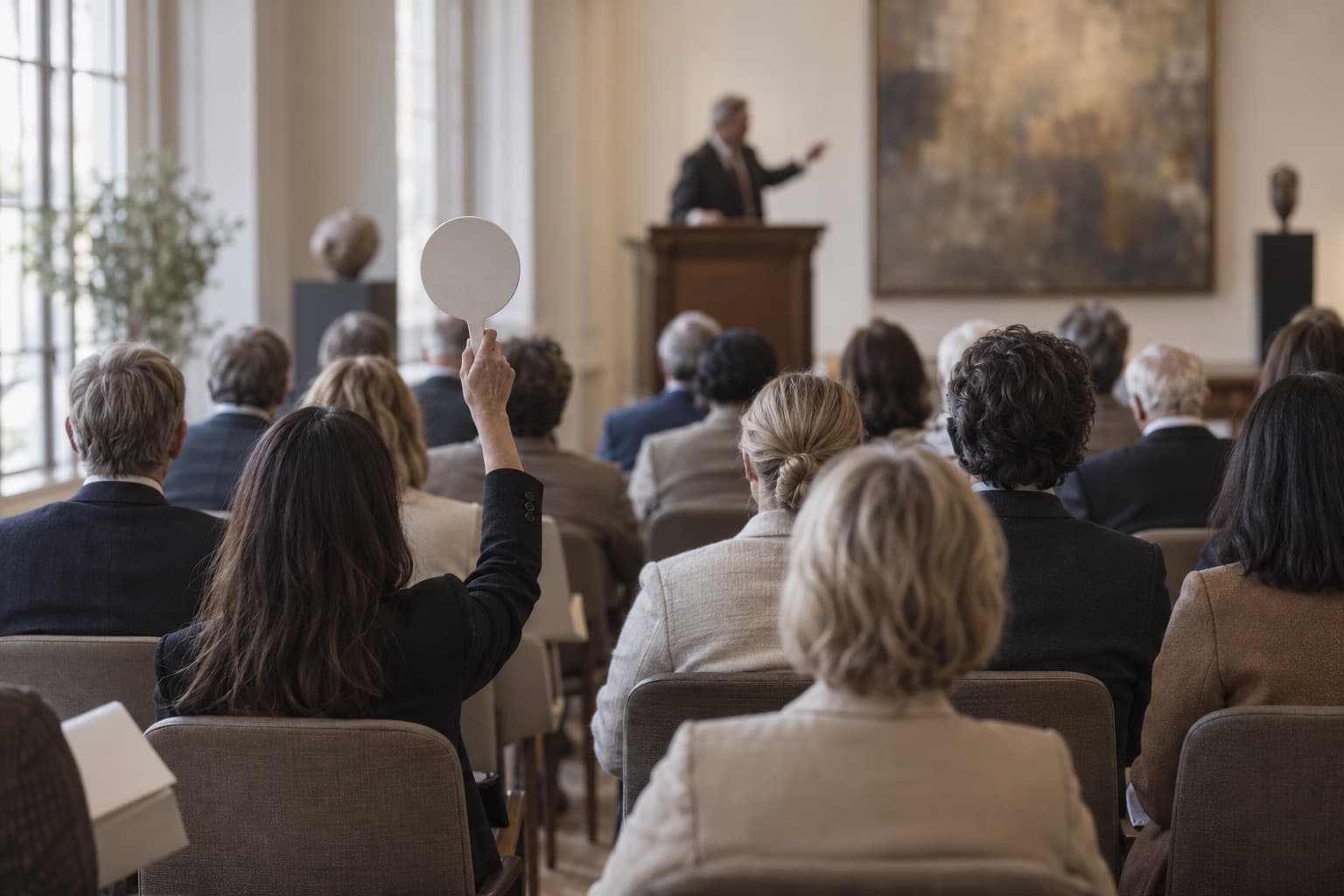 Bidders seen from behind in an auction room with one paddle raised